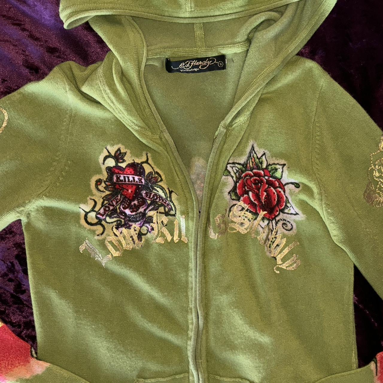 matcha green ed hardy zip up hoodie. this jacket is... - Depop