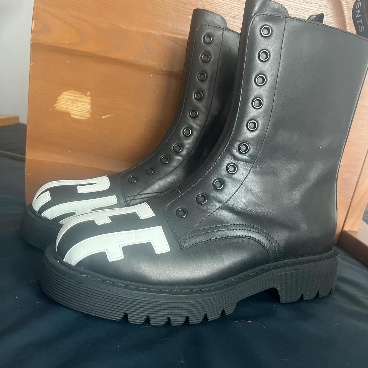 Black and white leather lace-up boots. Vetements | Depop