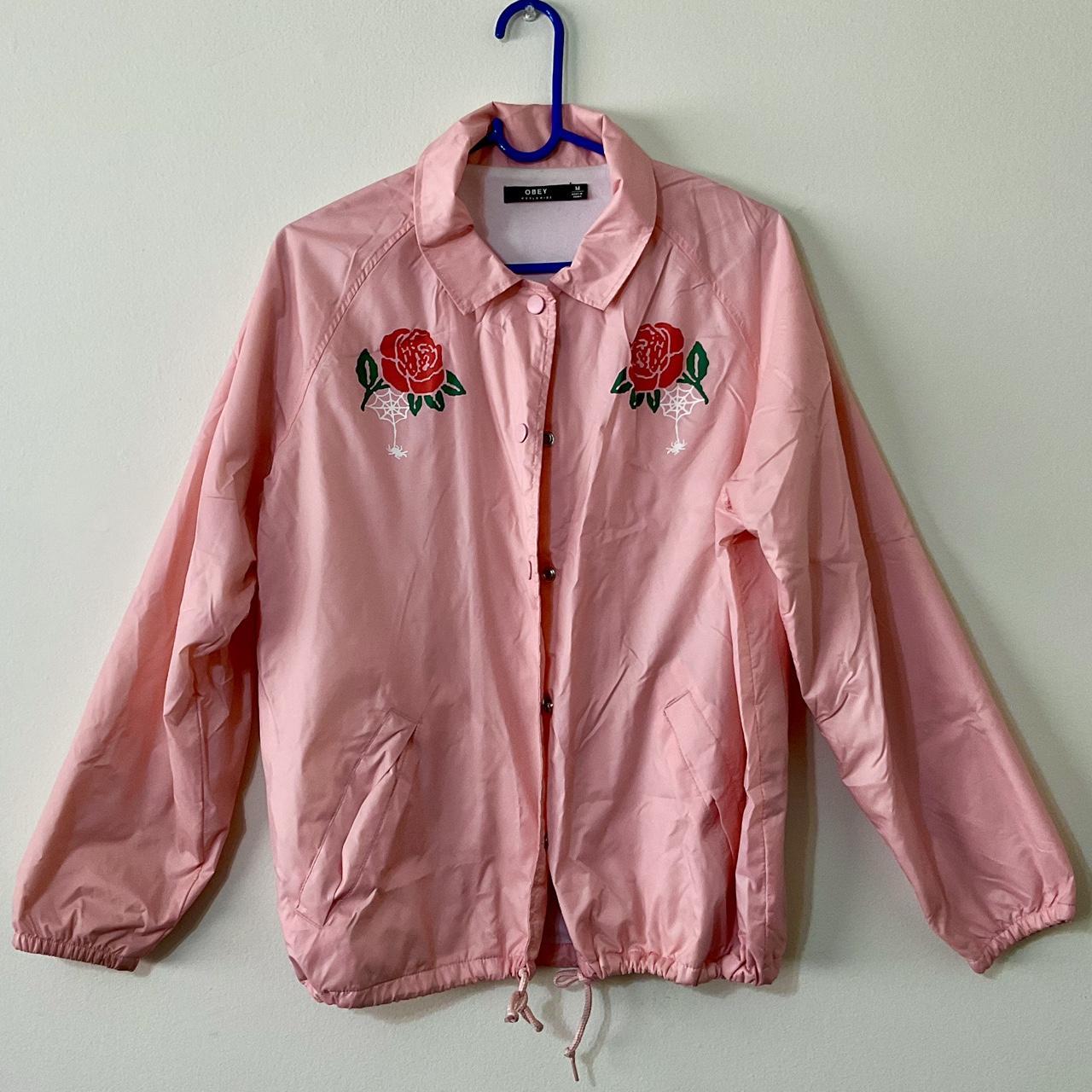 Obey Coach Jacket Pink with roses spiderweb in Depop