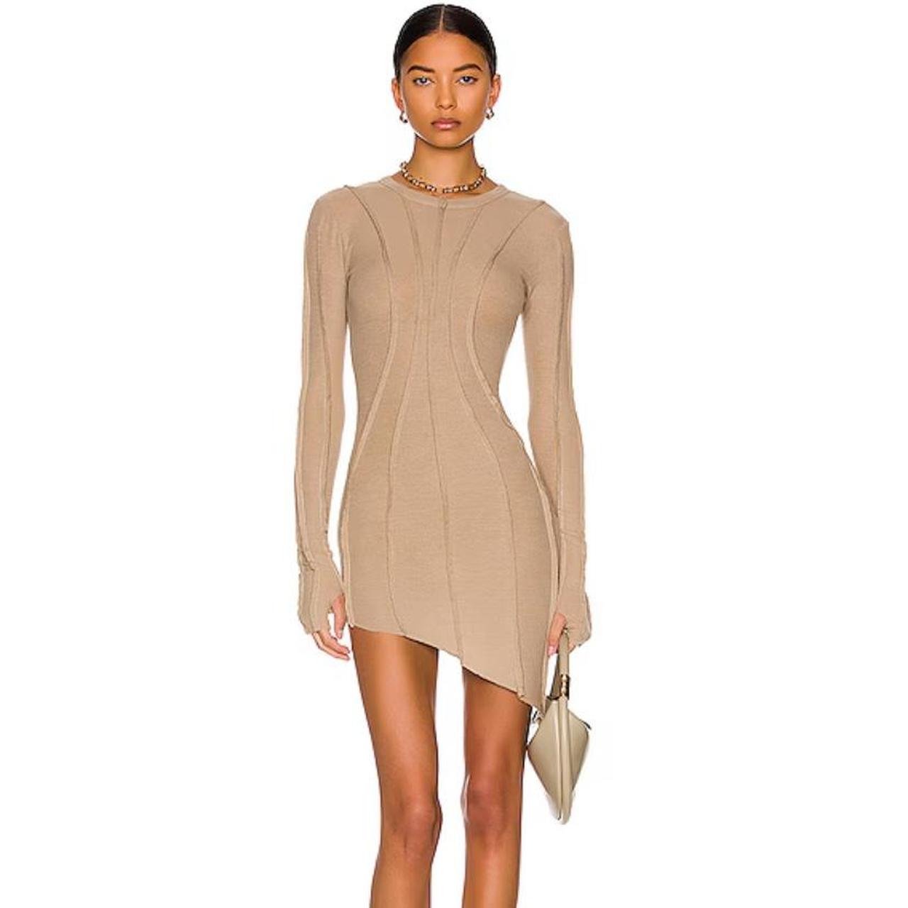 SAMI MIRO VINTAGE Asymmetrical Long hot Sleeve Mini Dress in NUDE Mesh