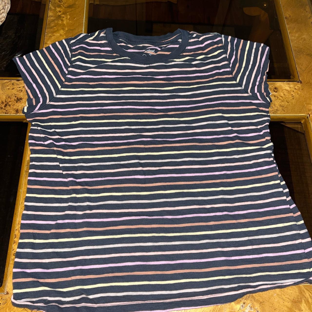 size large navy multicolored striped tshirt #stripes... - Depop