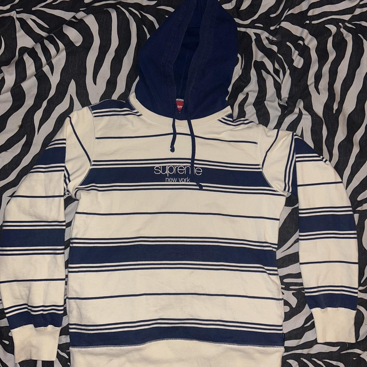 Green/ blue striped supreme hoodie. Signs of wear- - Depop