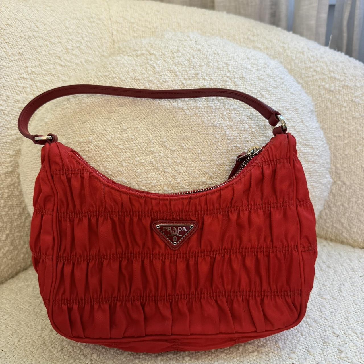 Prada Women's Ruched Hobo Bag in Red Nylon 100... Depop