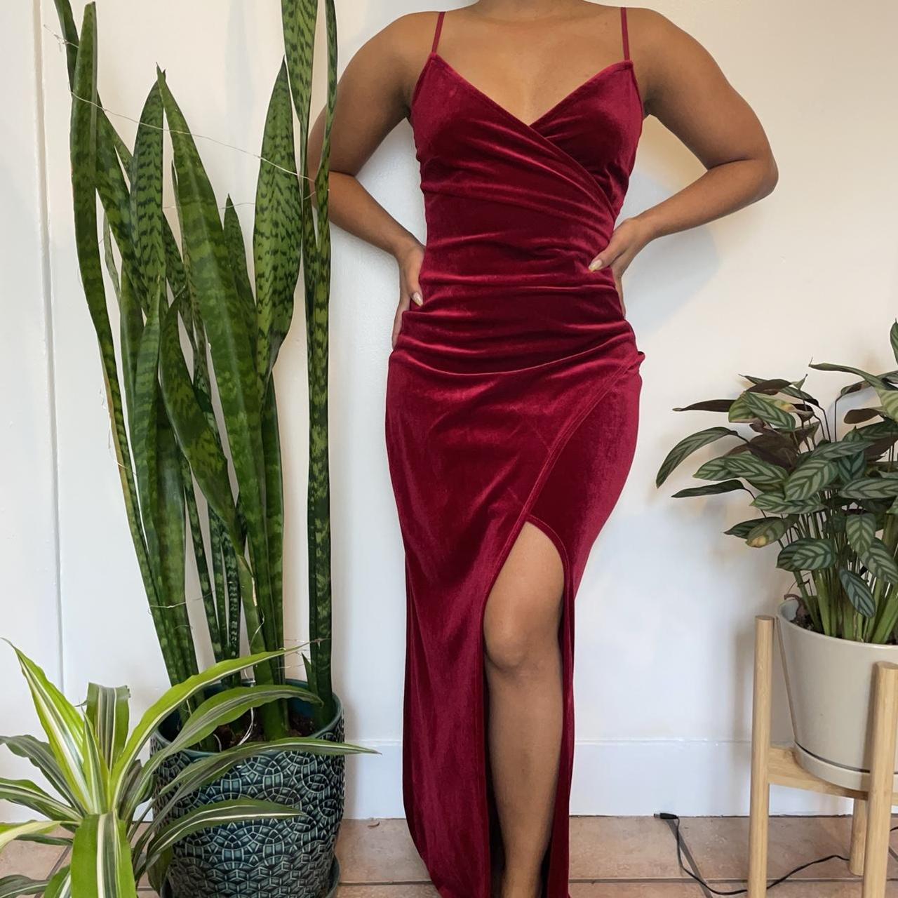 Red Velvet Long Dress with skirt split. Only worn... Depop