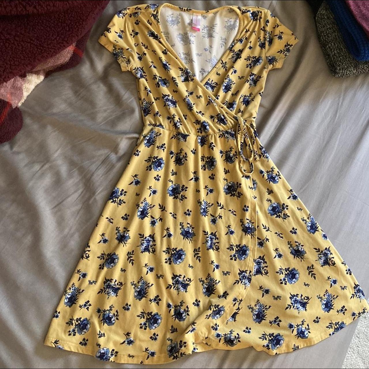 Beautiful yellow and blue floral wrap dress Gently Depop