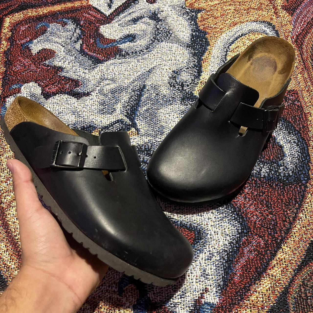 Birkenstocks black leather slides Size 9 in men’s... - Depop