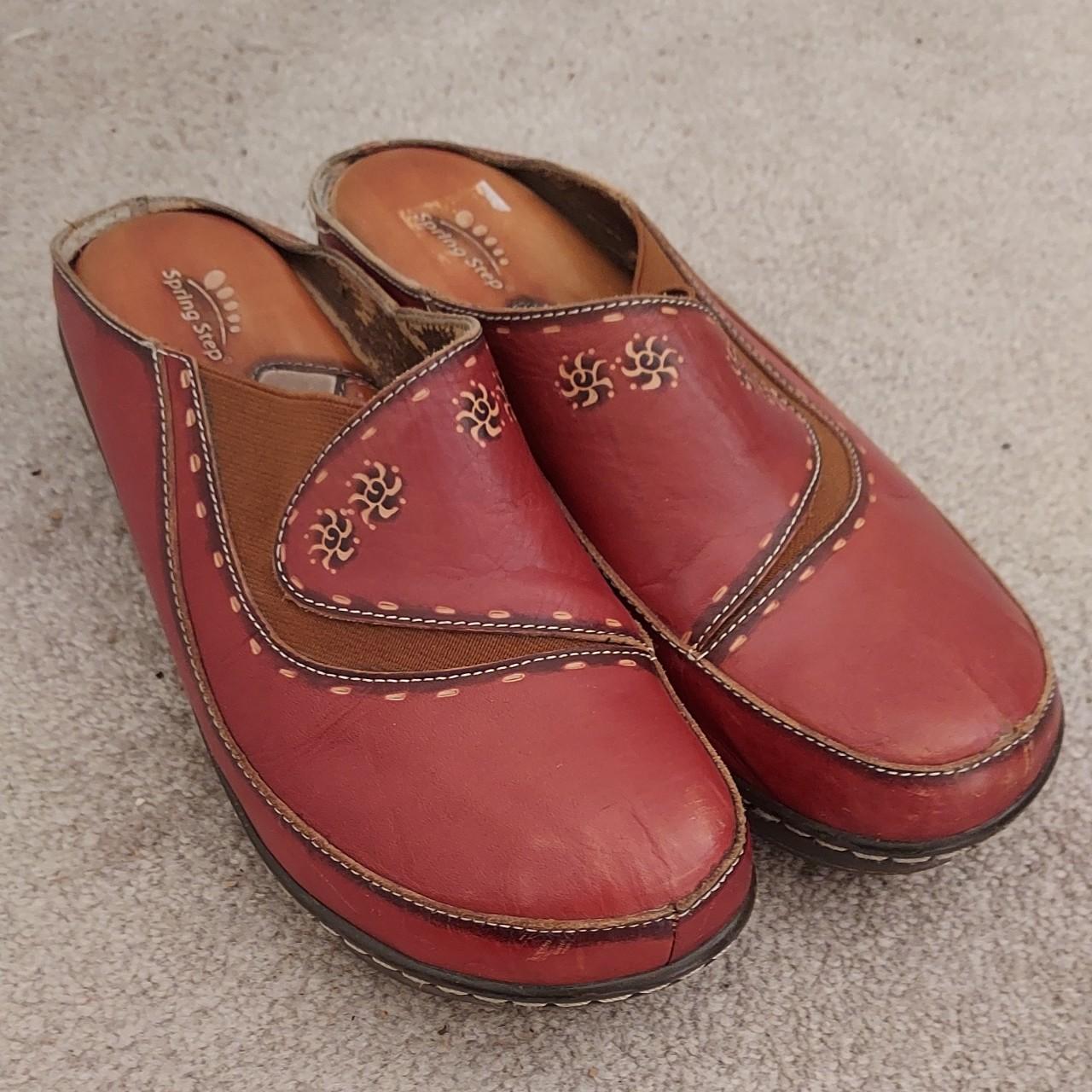 brushstrokes and blossoms leather clogs