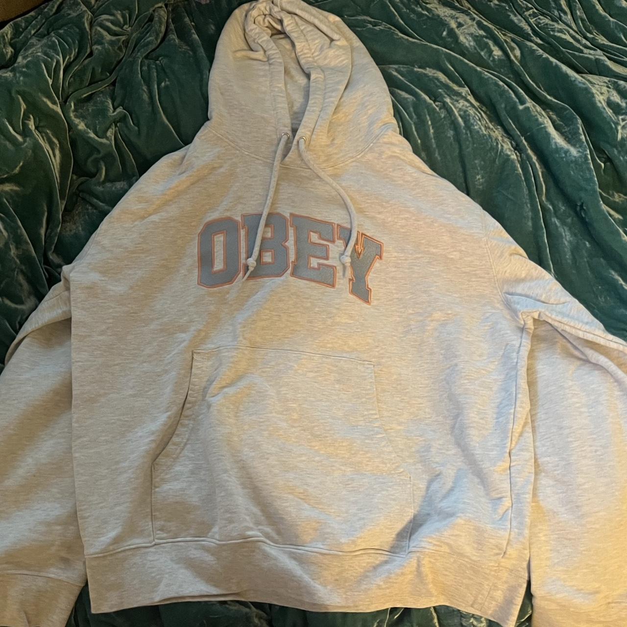 Obey Men's Grey and Blue Hoodie Depop