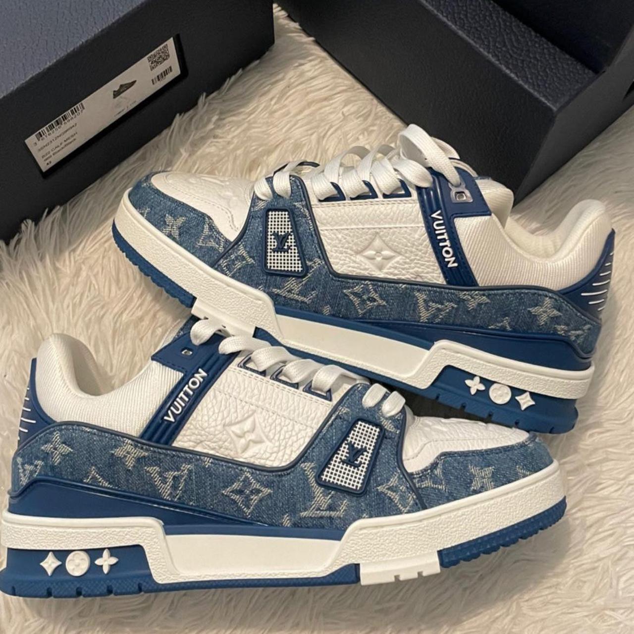 Louis Vuitton Men's White and Blue Trainers | Depop