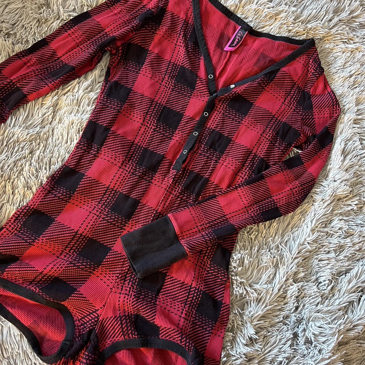 Large red and black plaid pajama short button up... - Depop