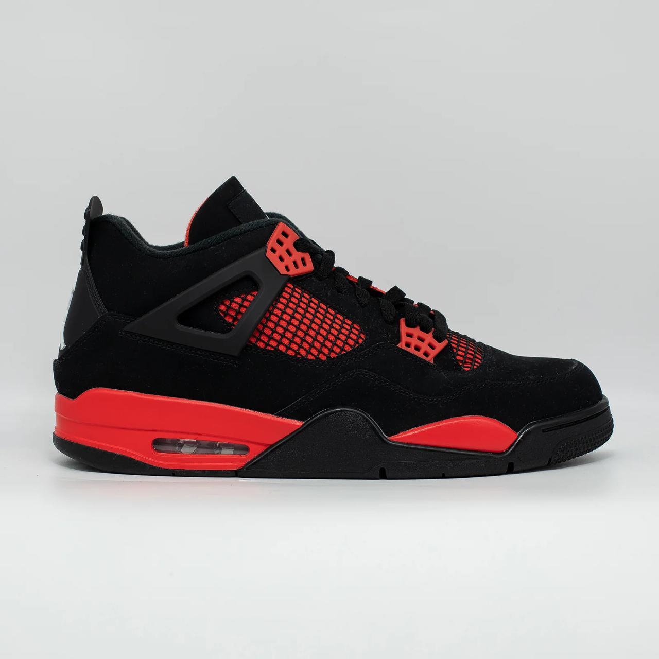 Black and red Jordan 4 toddler size. Like new, comes - Depop