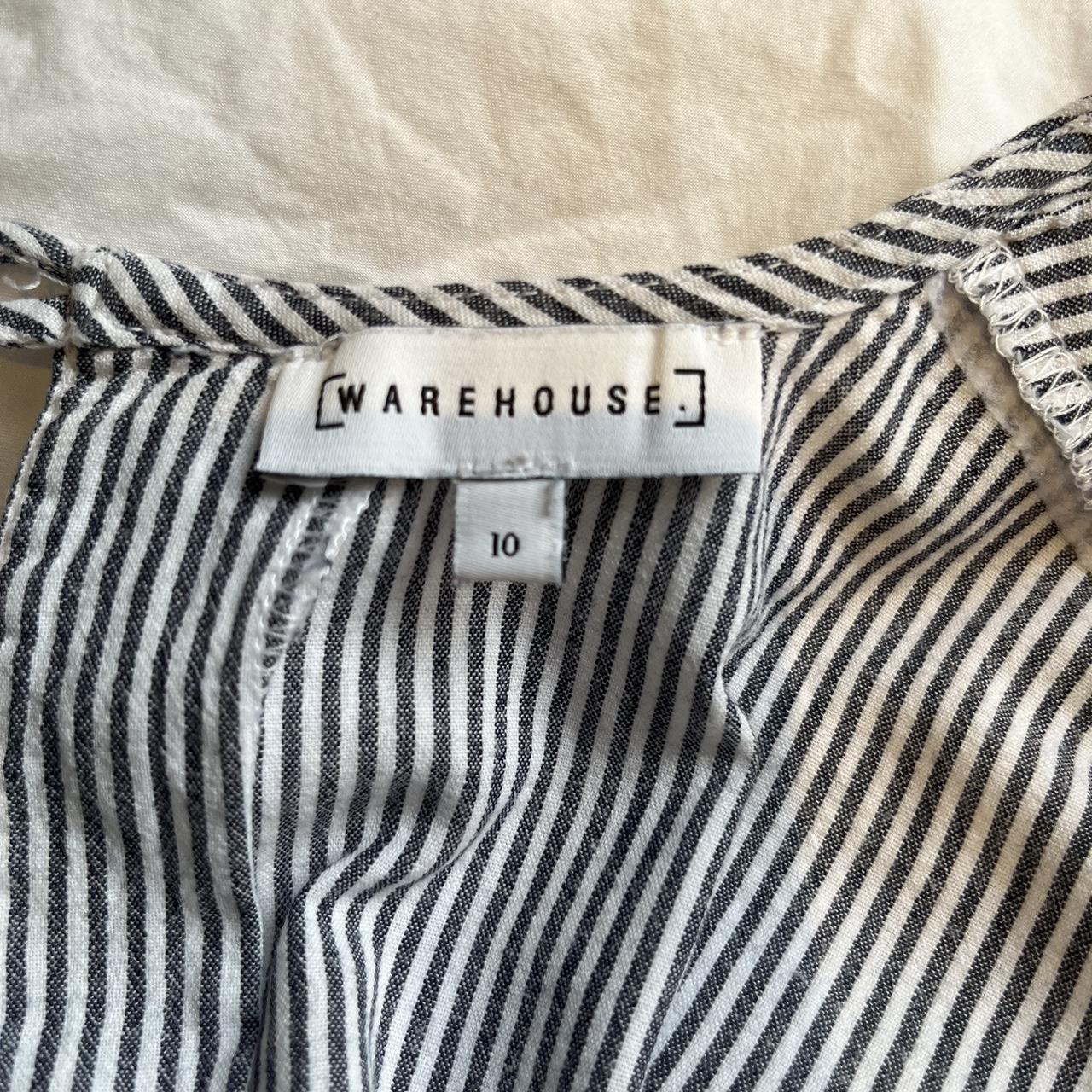 Grey and white stripped Warehouse blouse with button... - Depop