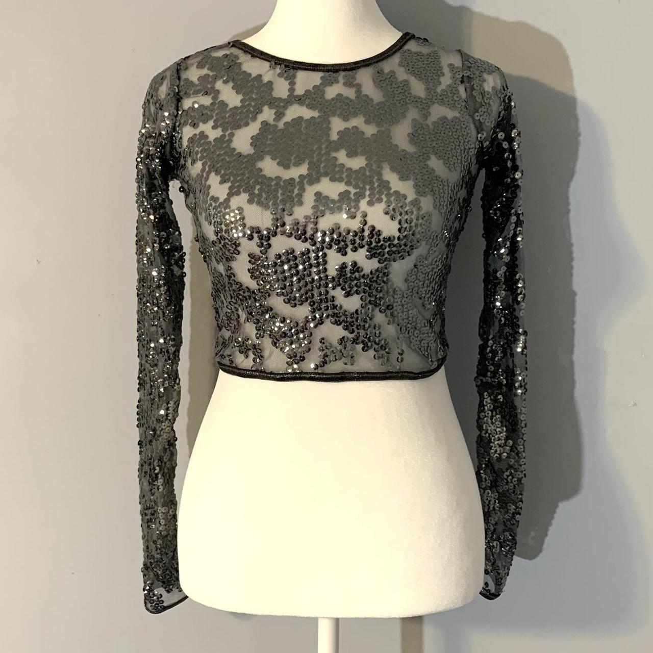 Shiny silver sequin crop top long sleeve Open to... - Depop