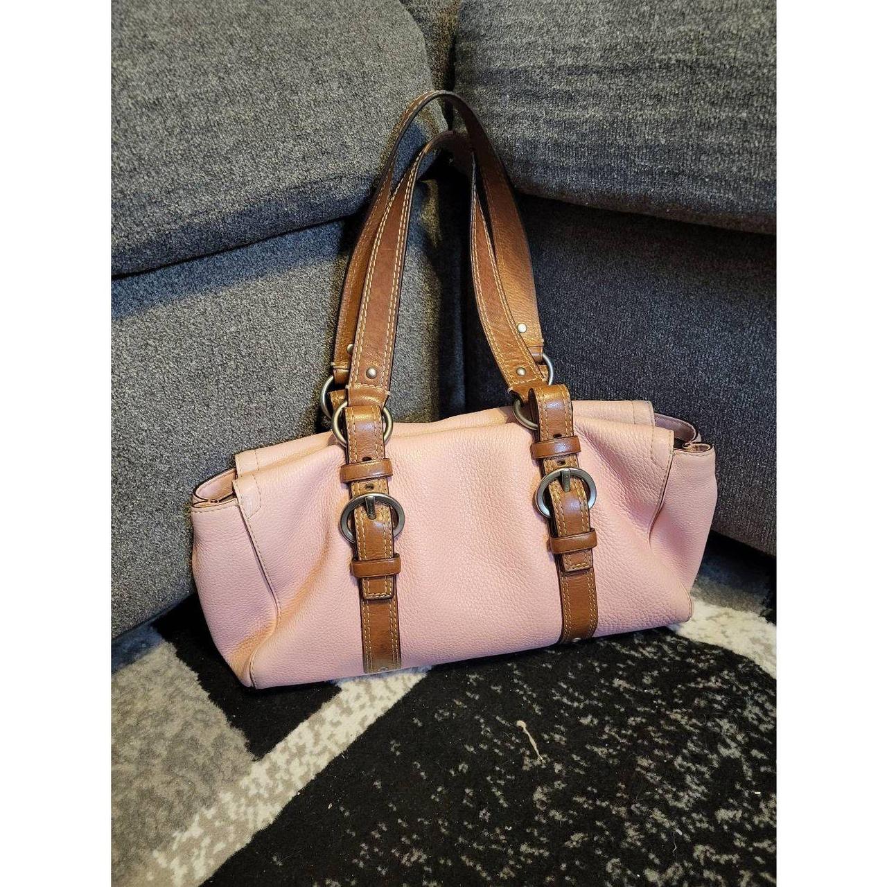 Dark brown coach handbag. Bag has pink strap & pink - Depop