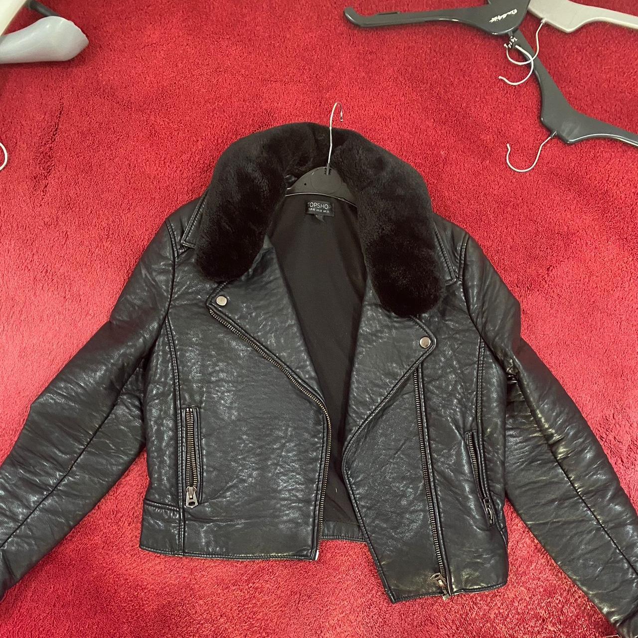 black leather jacket with fur trim neck... Depop