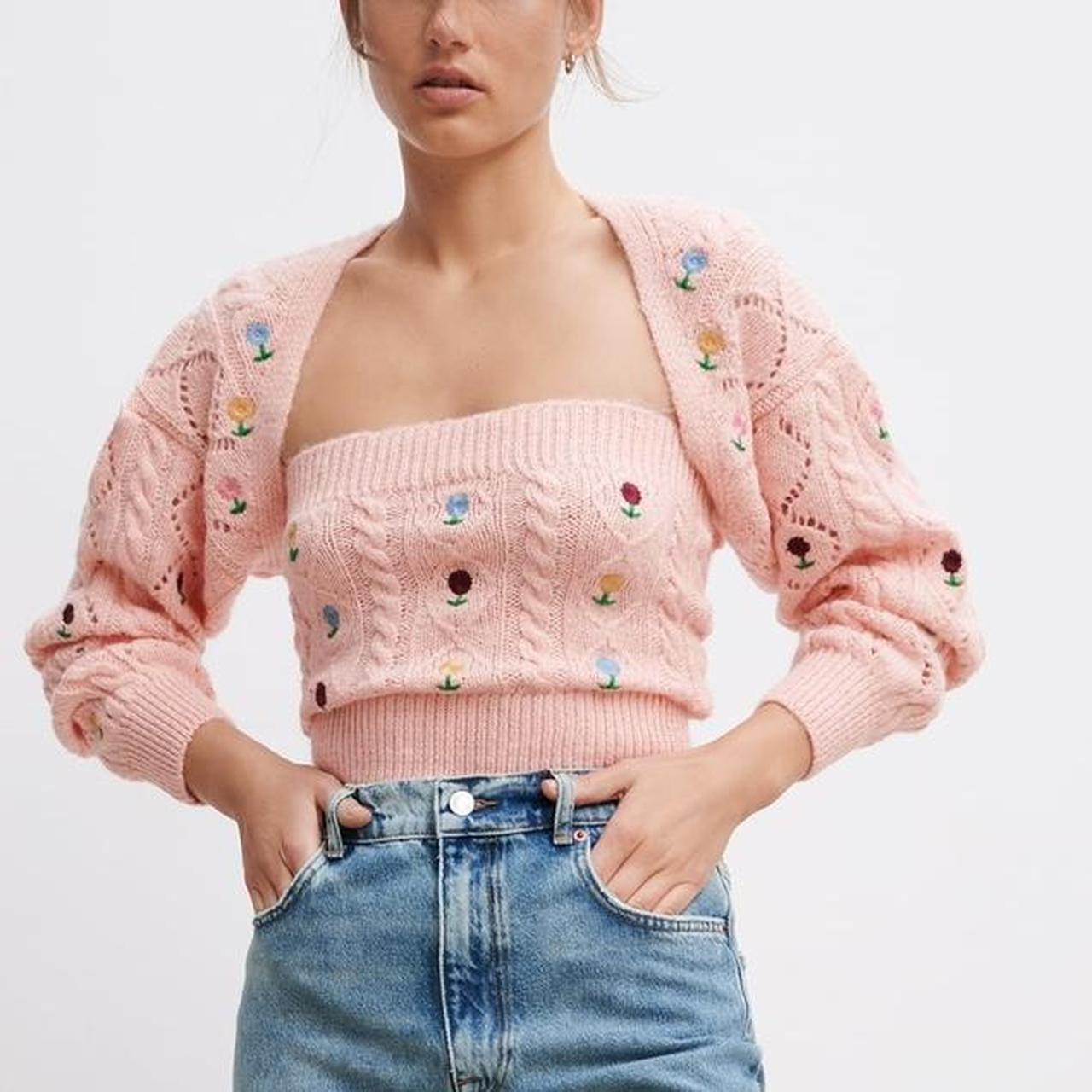 Zara pointelle arm warmer knit bolero in a pink... Depop