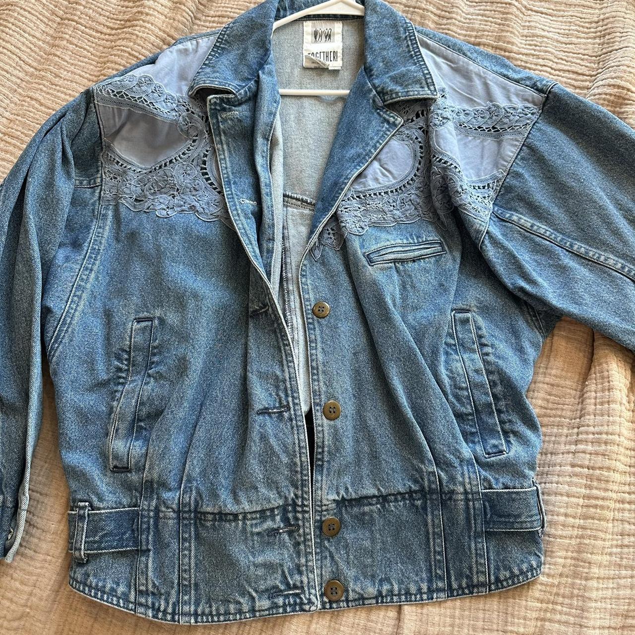 Vintage 80’s denim jacket with a cool lace design on... - Depop