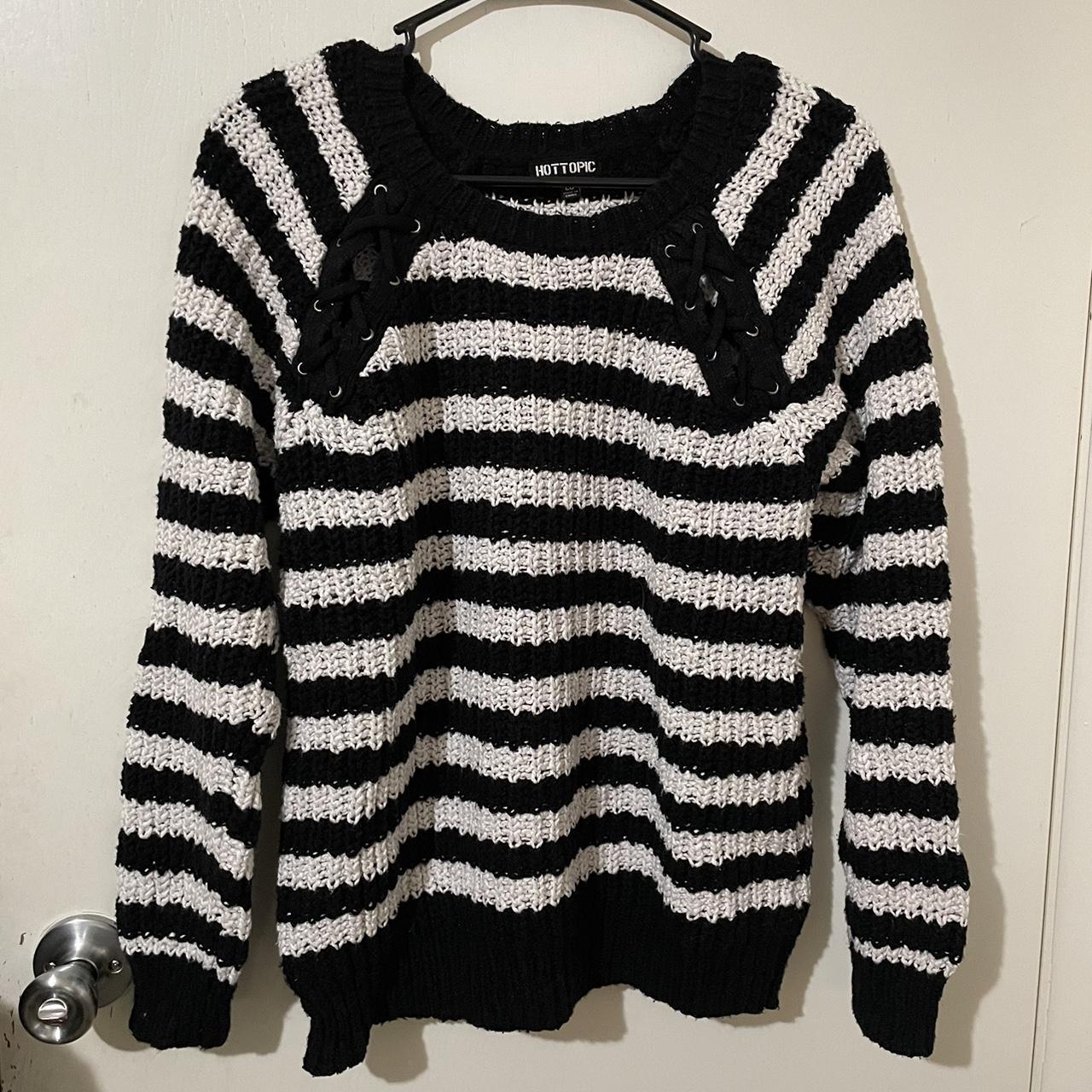hot topic black and white striped lace up sweater in... - Depop