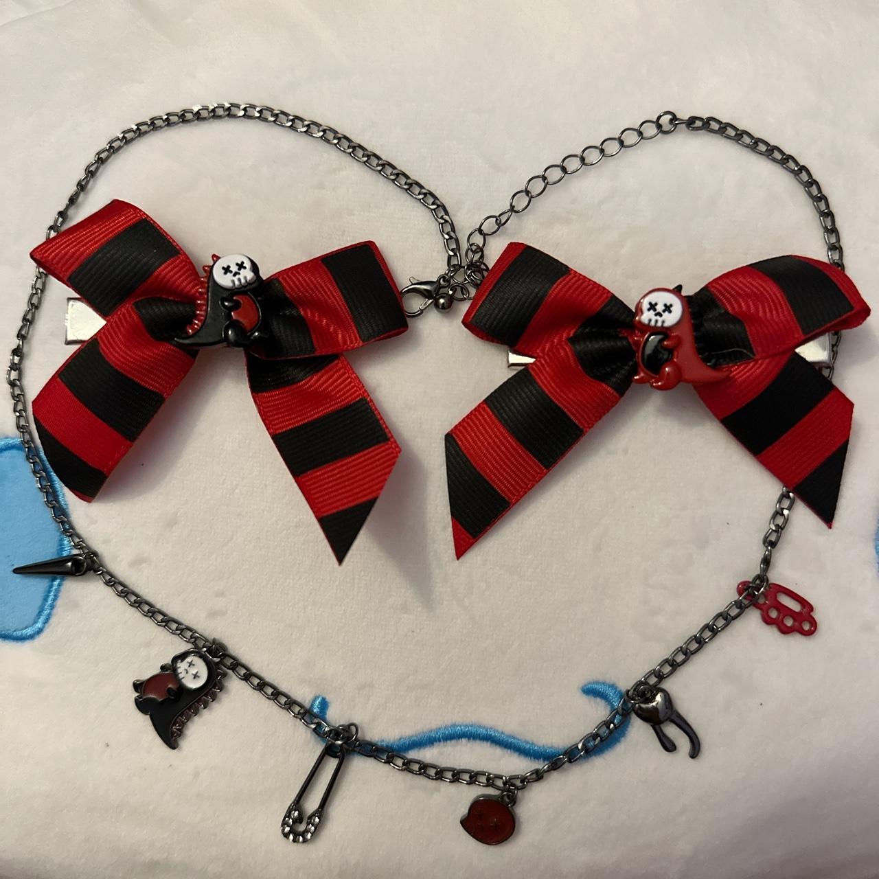 scene emo goth punk black and red clips and necklace... - Depop