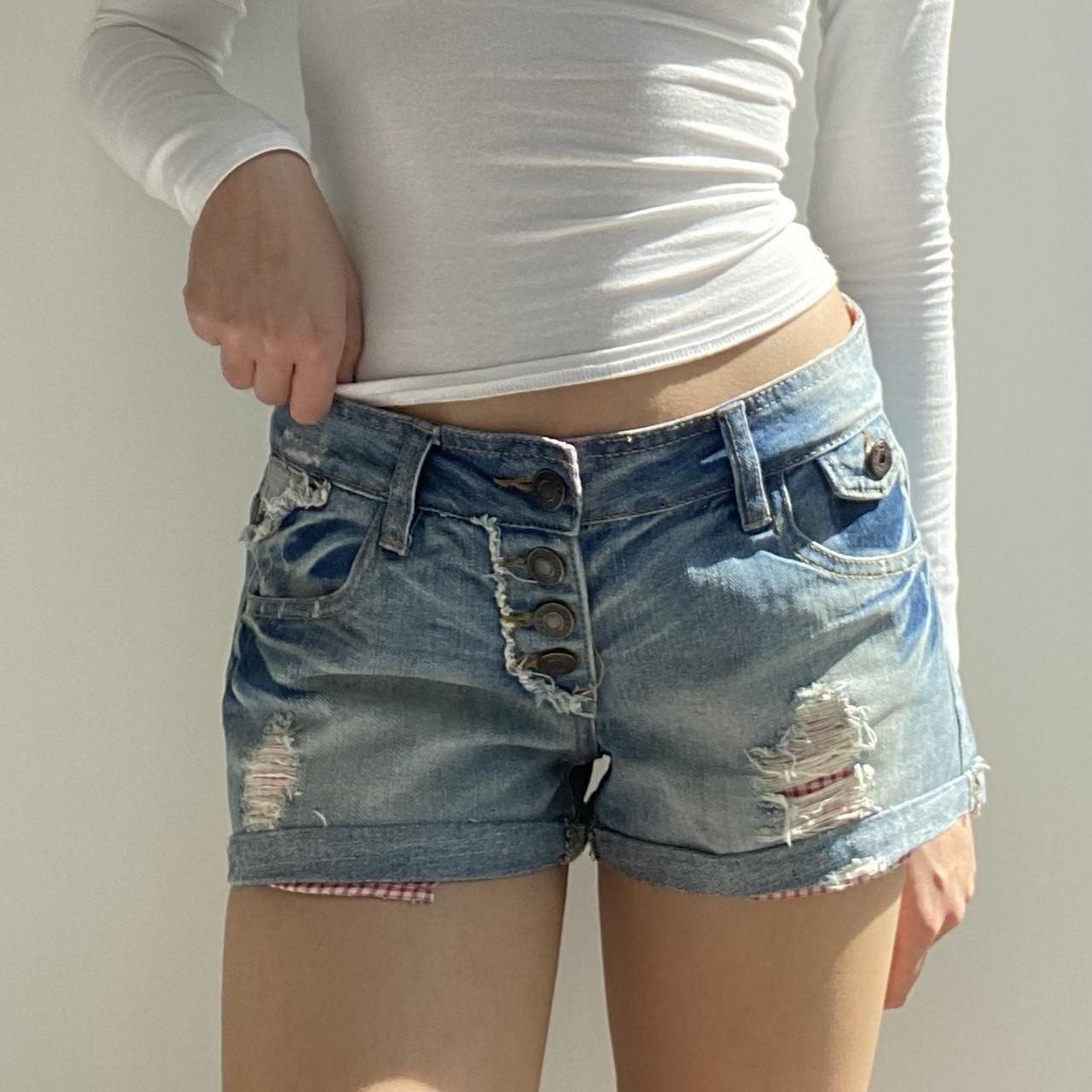 denim mini shorts gingham detail on the pockets size... - Depop