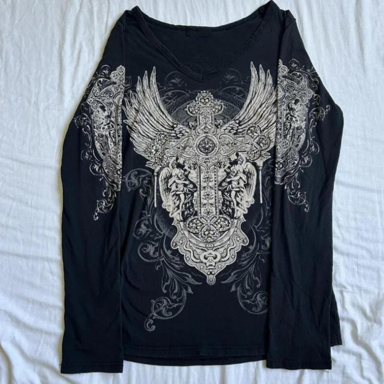 Affliction Style Y2K Grunge Cross Wings Graphic... - Depop