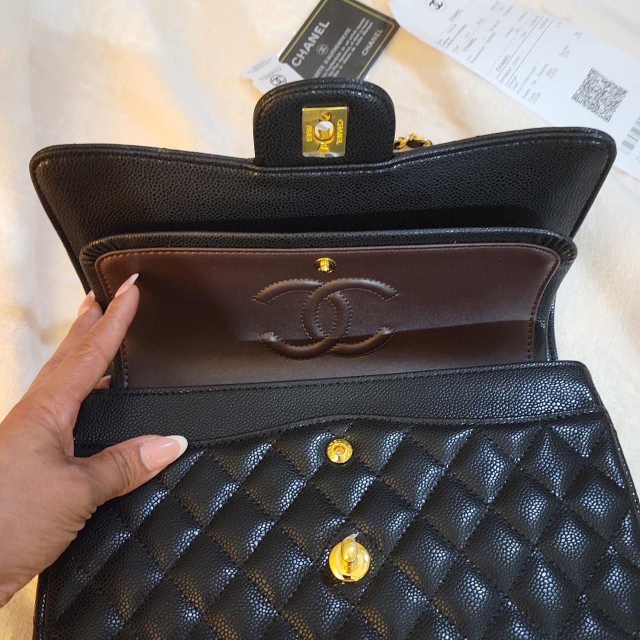 Chanel Women's Black and Gold Bag | Depop