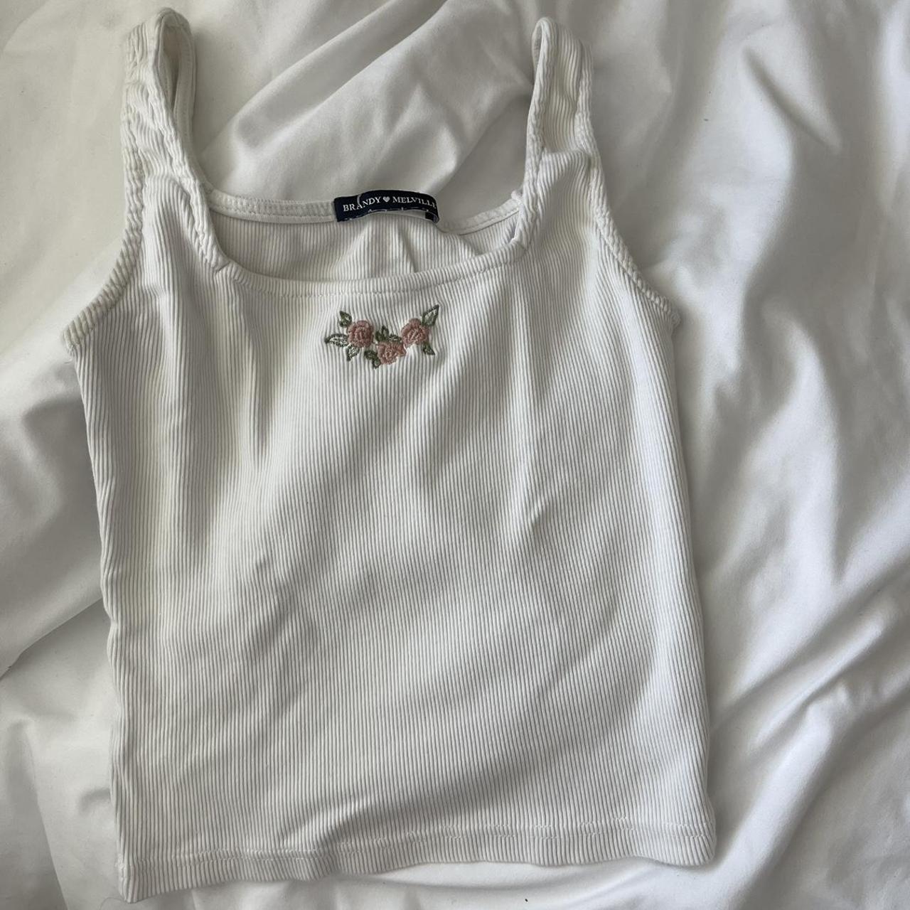 BRANDY MELVILLE WHITE TANK TOP FLOWER EMBROIDERY One... Depop