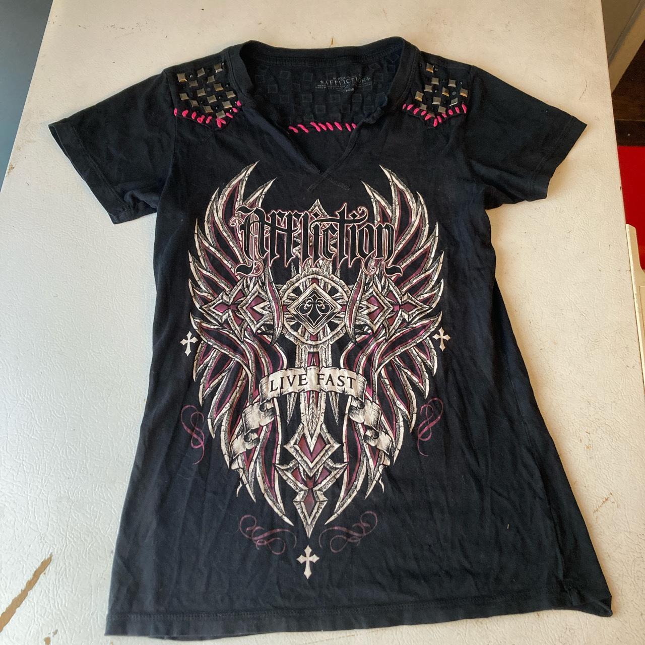 affliction live fast shirt medium shirt purple and... - Depop