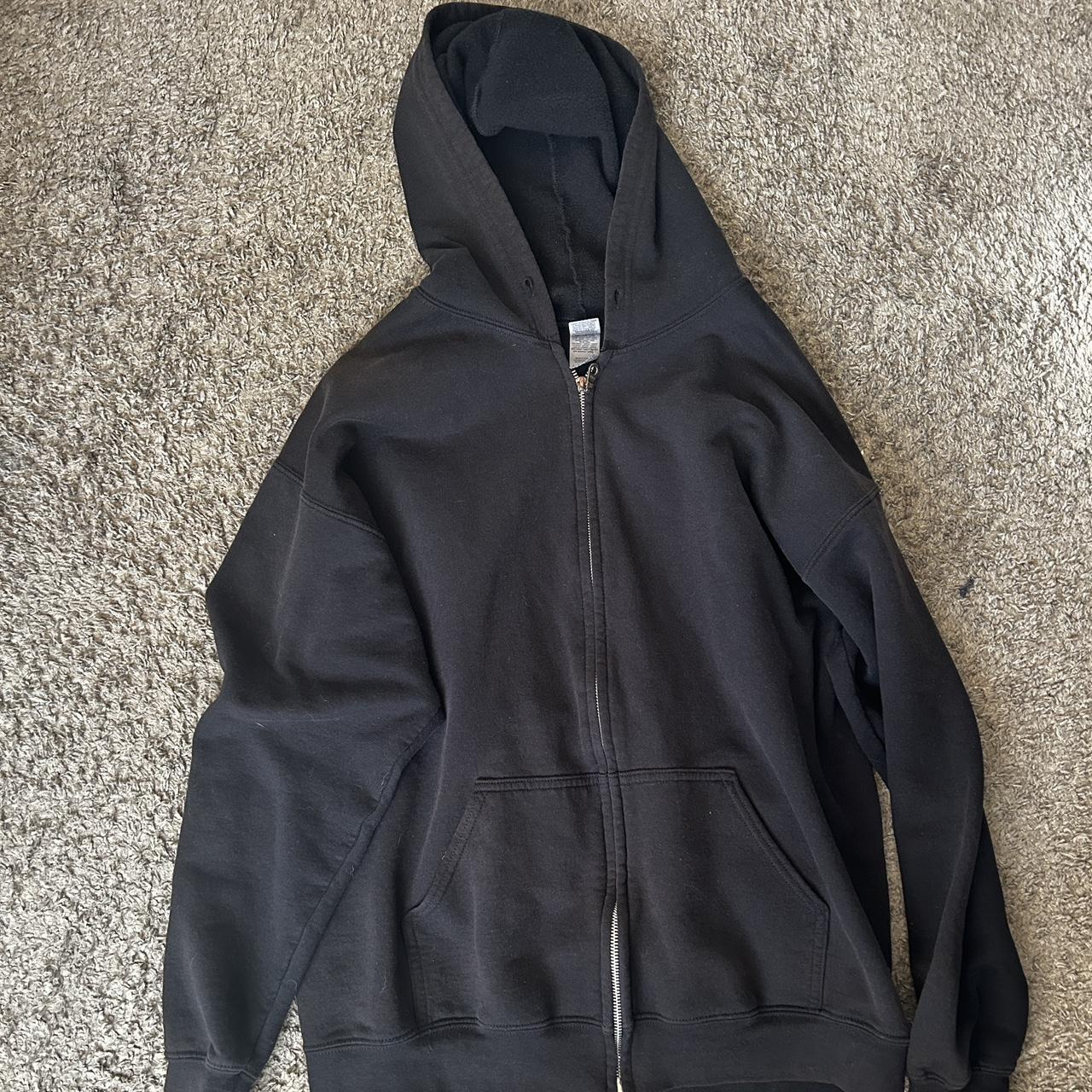 Black Gildan Zip-Up Hoodie Removed Drawstrings - Depop