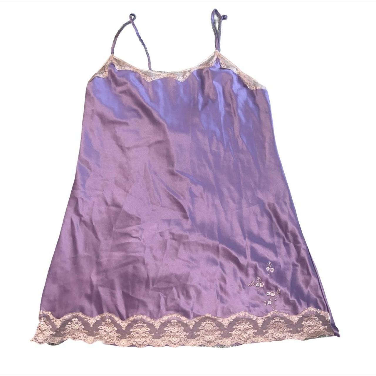 PURPLE SLIP DRESS W LACE AND FLOWER DETAIL SIZE... Depop