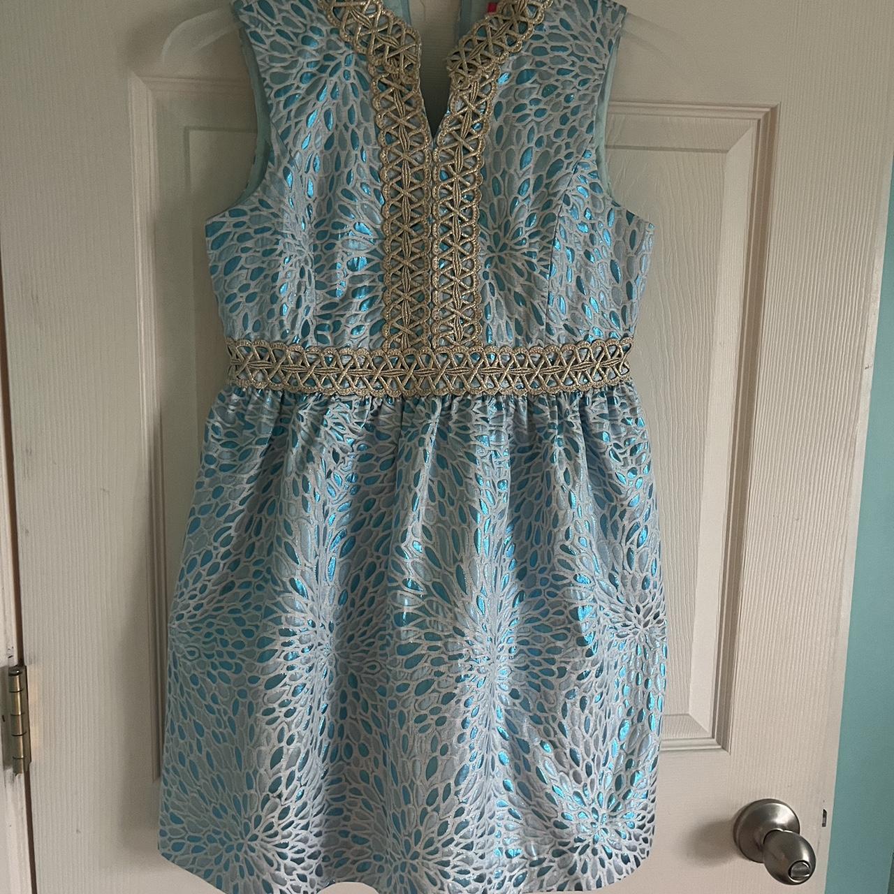 Lilly Pulitzer dress metallic blue and gold Size 12... - Depop