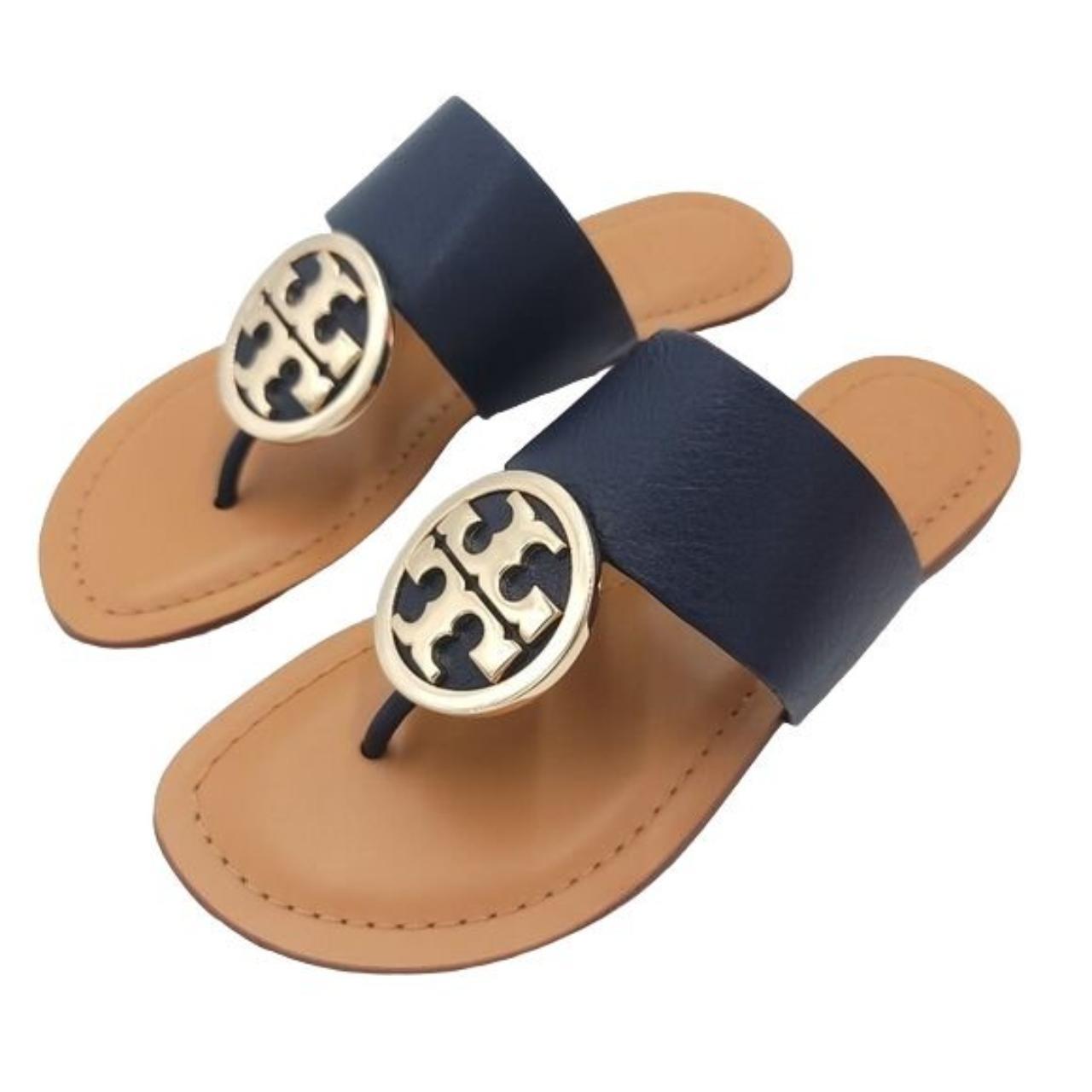 Tory Burch Women's Blue and Gold Slides | Depop