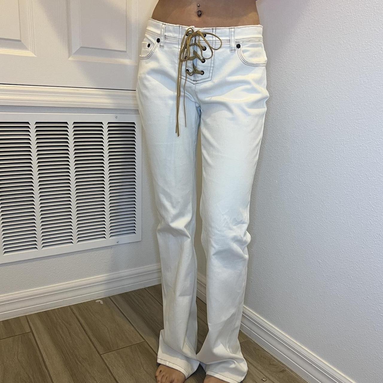 Low rise white jeans with suede lace tie up These... - Depop