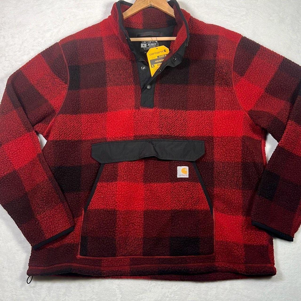 Carhartt Mens 2XL Fleece Jacket Pullover top Red Black Buffalo Plaid Oxblood NWT