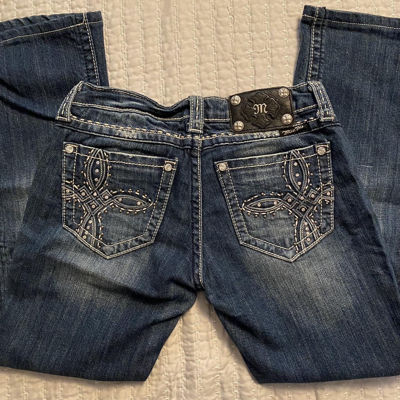 size 27 miss me bedazzled jeans lowrise and flared... - Depop