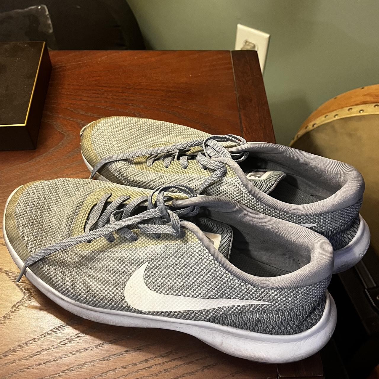 Grey Nike trainers Pretty worn with some stains but... - Depop