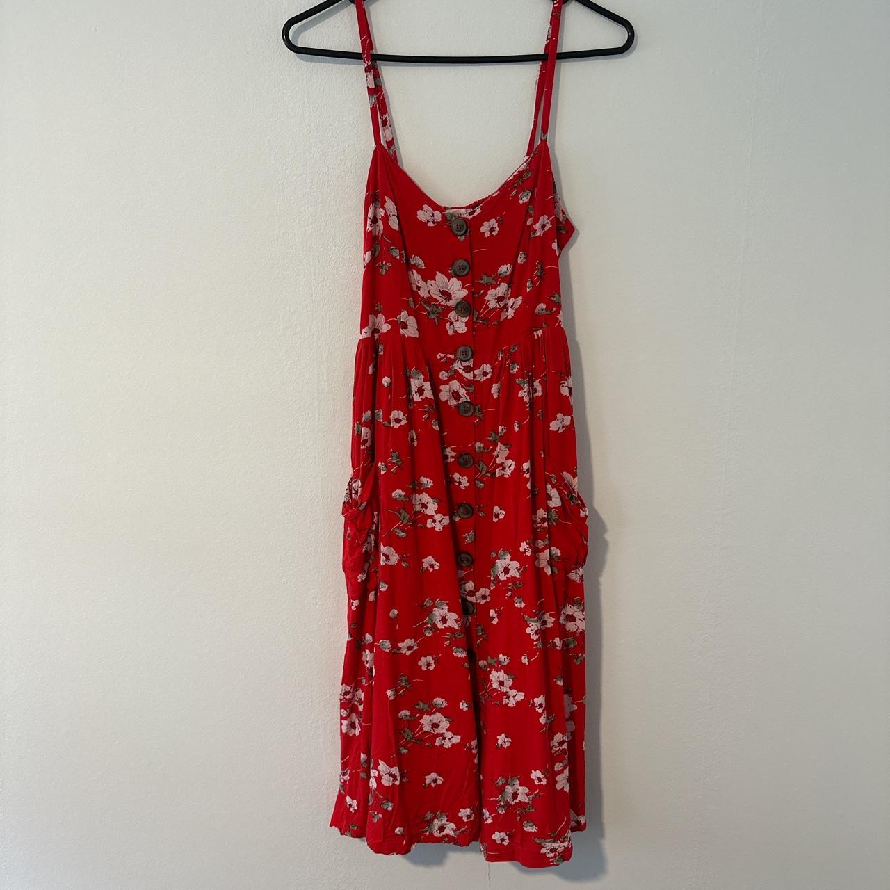 Summer midi red dress. Buttons down front, pockets,... - Depop