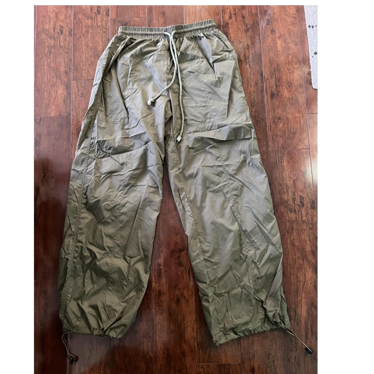 Medium green parachute pants, Waist: 13”, Length: 40”