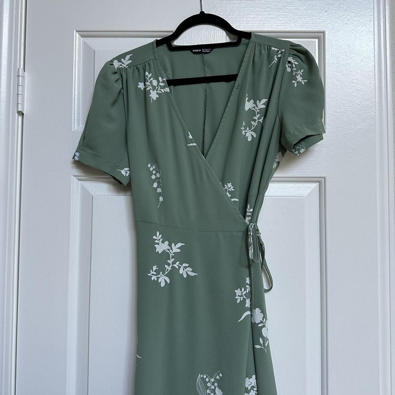 Shien green wrap dress with white flower detail!... - Depop