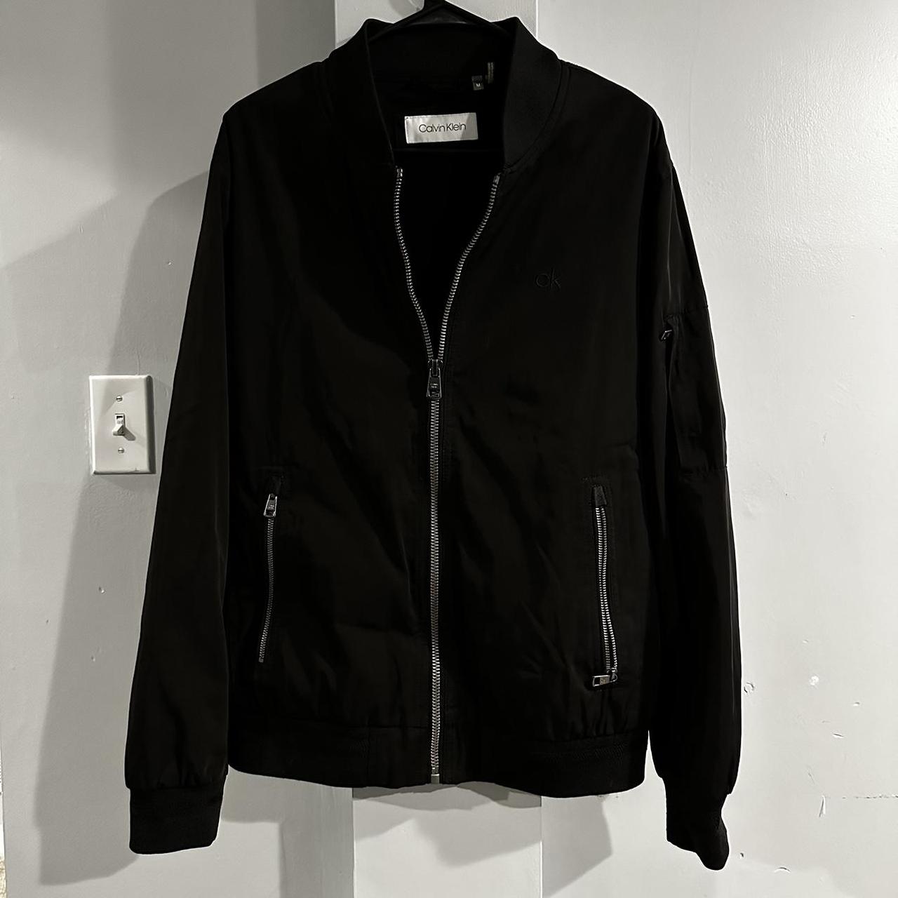 calvin klein bomber jacket black size medium good... - Depop