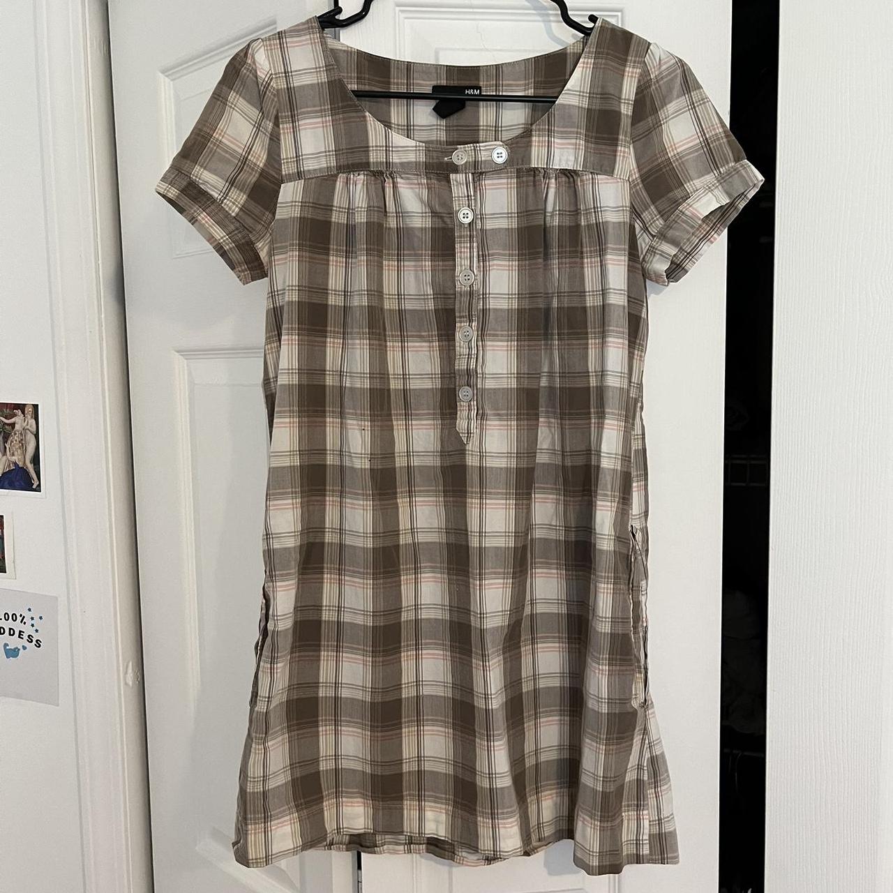 Light brown, white, pink plaid mini dress with sweet... - Depop