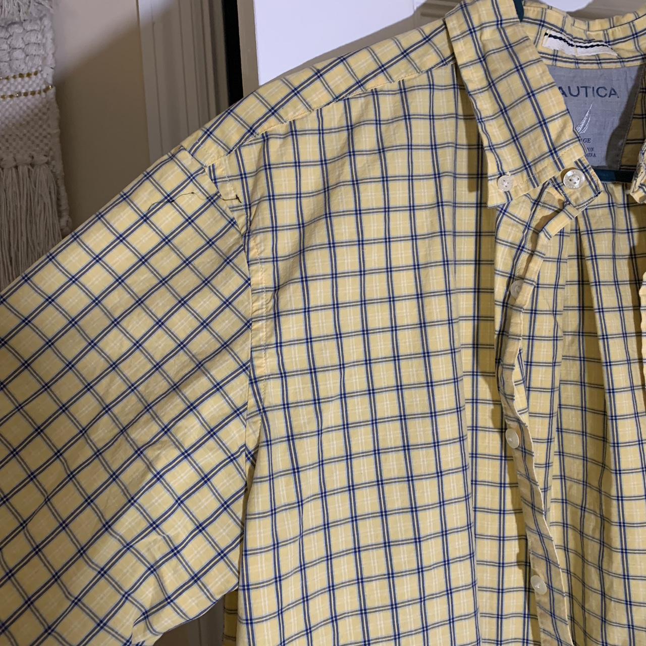 Short sleeved yellow button up shirt with blue... - Depop