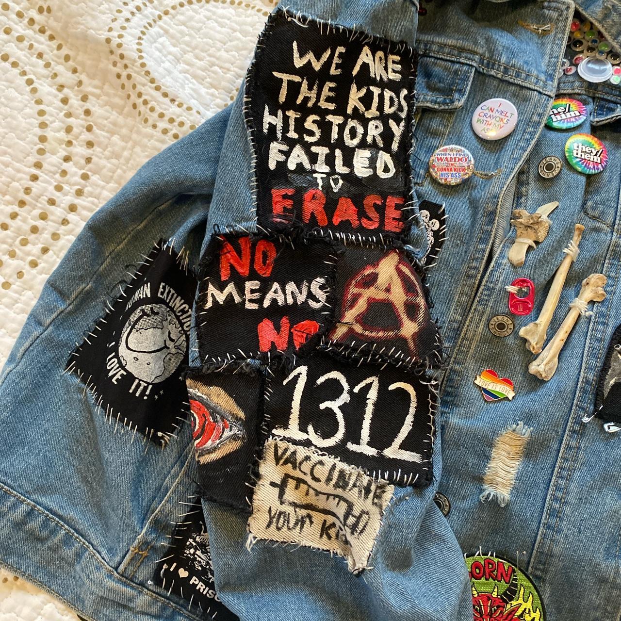 Custom patch jacket with bones, pins and trinkets on... - Depop