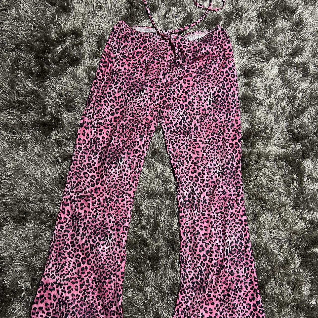 pink cheetah casual pants with cool waist strings!!... - Depop