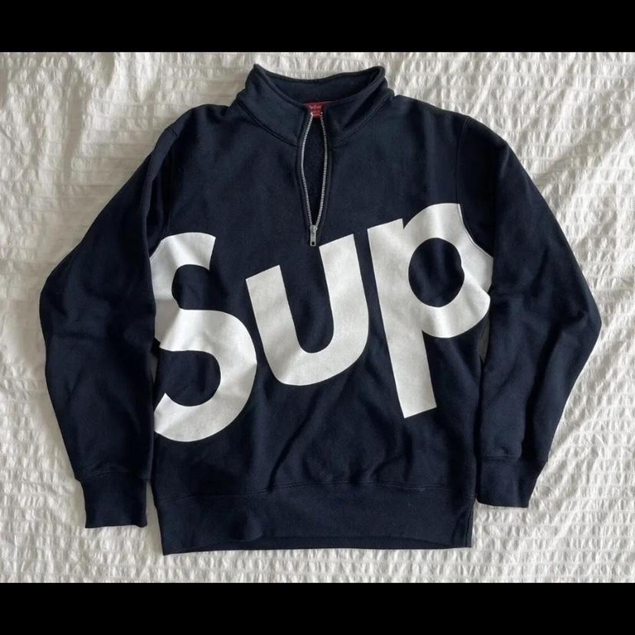 Supreme Sup Quarter Zip Sweatshirt Navy Size:... - Depop