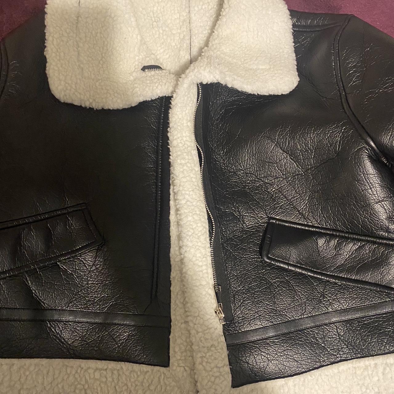 Teddy PU leather jacket Size M (10) Colour: black - Depop