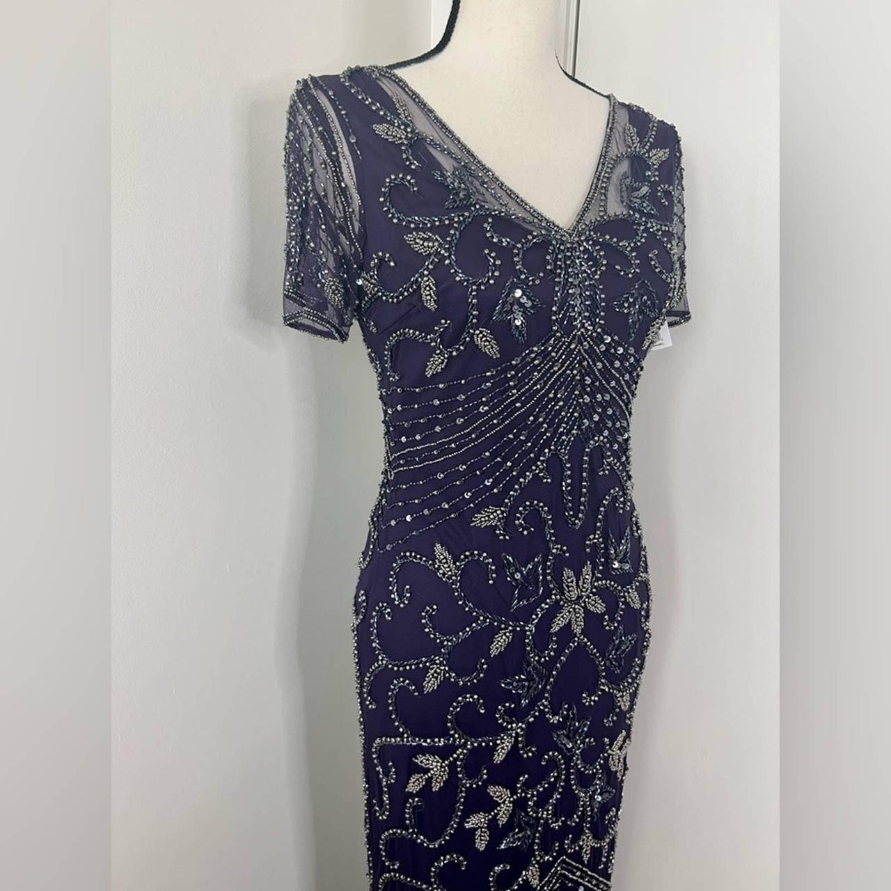 Pissarro Nights Beaded Mesh Column Gown In Plum... - Depop