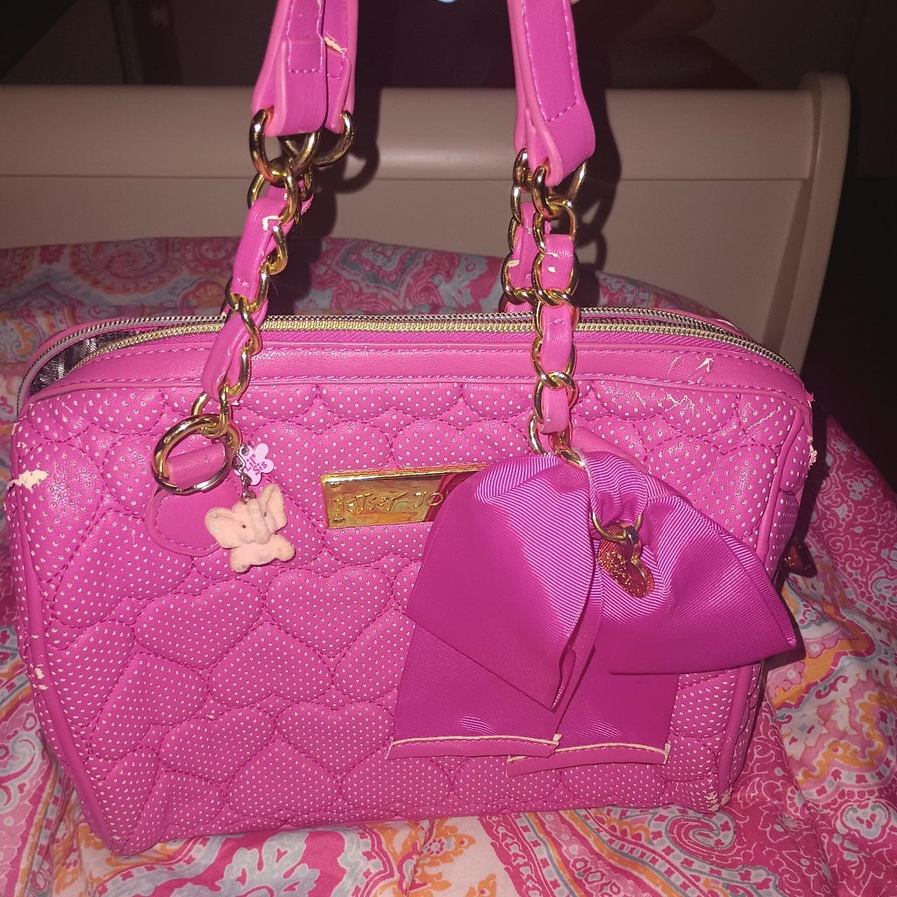 Betsey Johnson hot pink heart puffer purse with gold... - Depop