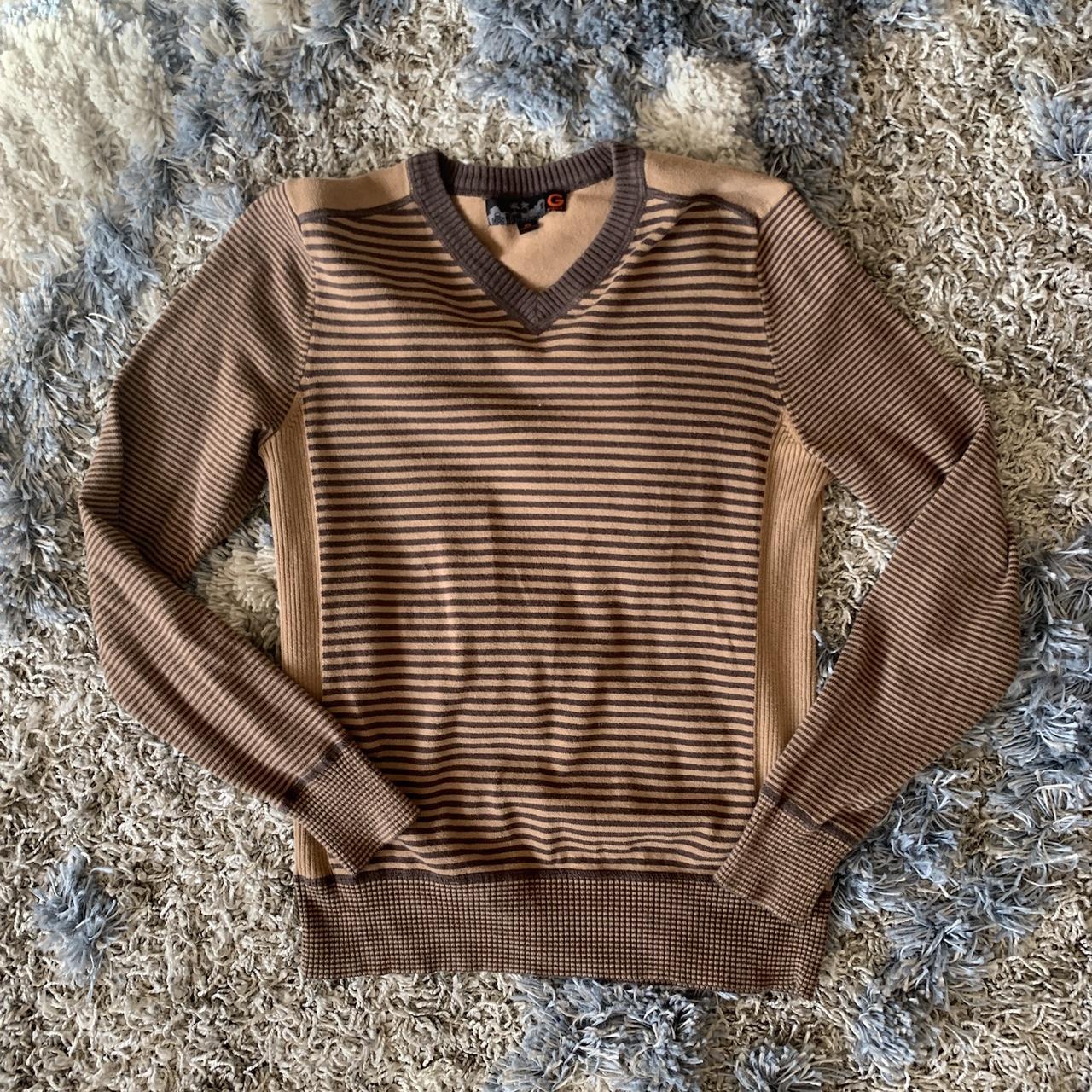 Guess v-neck brown/tan striped sweater - size XS...