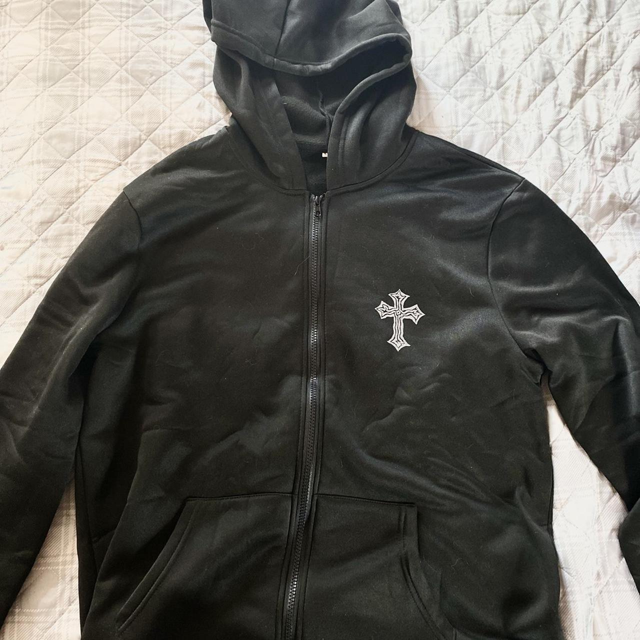 Large Black Cross Casual Zip-up Hoodie #stylish... - Depop